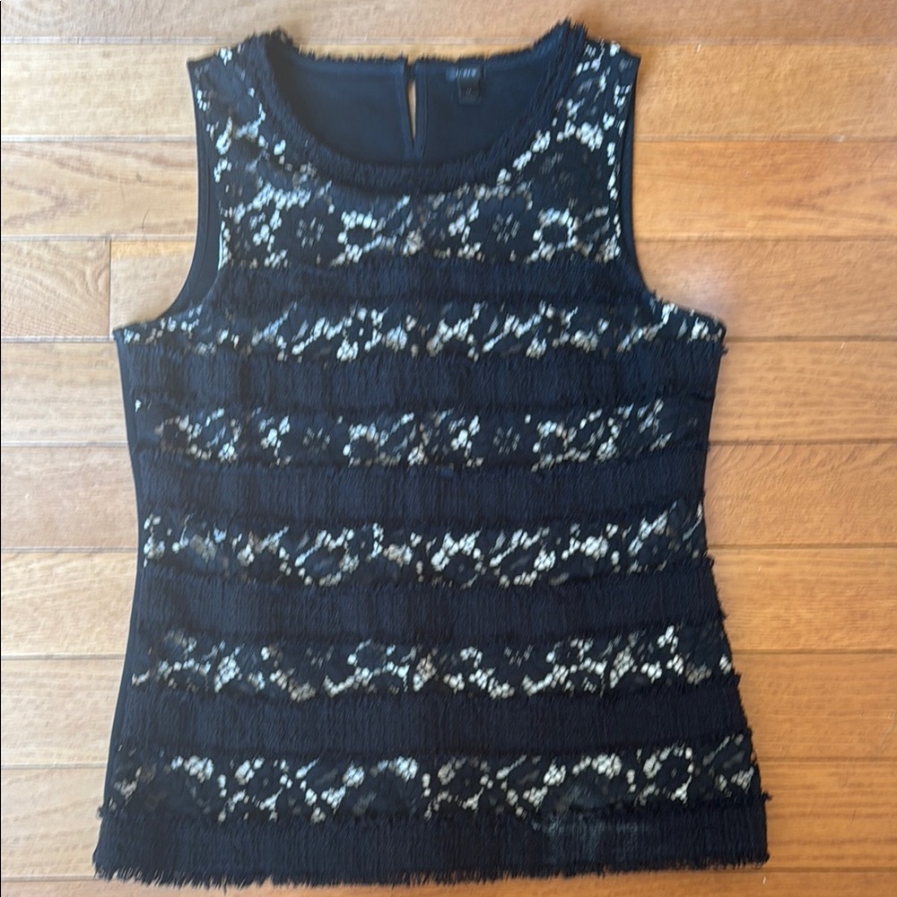 J.Crew Black Fringy Top with Tweed and Lace